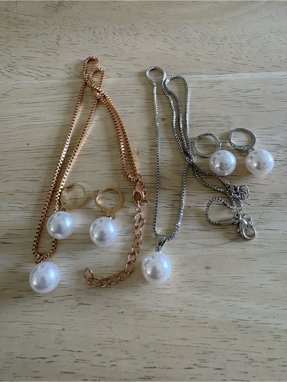 Pearl Pendant Necklace and Earring Set - Gold and Silver